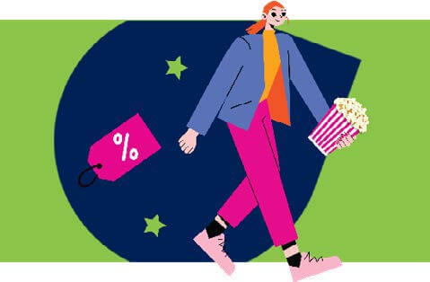 Drawing of someone holding popcorn and a savings ticket,.